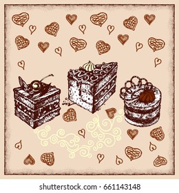 Cake chokolate sweets heart bakery menu vector illustration hand draw