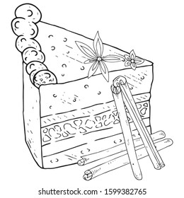 Cake with cinnamon icon. Vector illustration of a piece of cake and cinnamon sticks. Hand drawn cake with cinnamon.