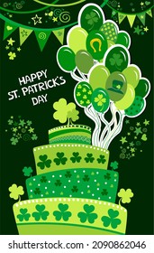 Cake with clover cakepick on a green background. St Patrick's Day food concept. Modern still life with sweet food for Saint Patrick's Day party. Party Invitation Concept. Vector illustration