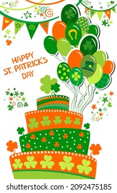 Cake with clover cakepick on a white background. St Patrick's Day food concept. Modern still life with sweet food for Saint Patrick's Day party. Party Invitation Concept. Vector illustration