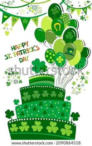 Cake with clover cakepick. St Patrick's Day food concept. Modern still life with sweet food for Saint Patrick's Day party. Party Invitation Concept. Vector illustration