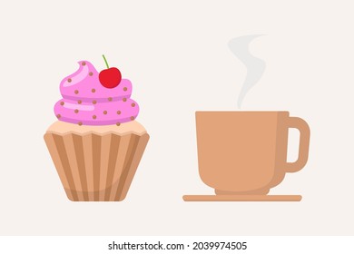 Cake and coffee cup flat design vector illustration