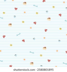 Cake, coffee, red ribbon, flowers on pastel blue stripe background for pastry, bakery, cafe, restaurant, menu, recipe, cute wallpaper, backdrop, picnic blanket, pyjamas, food packaging, birthday card