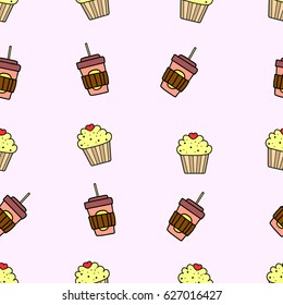 Cake and coffee seamless handdrawn doodle cartoon background