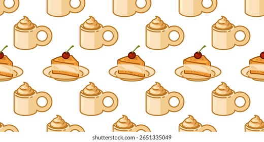Cake and Coffee Seamless Pattern. Tasty cake slices with cherries and creamy hot drinks in a seamless dessert pattern. Flat cartoon style with warm cozy tones and sweet mood.