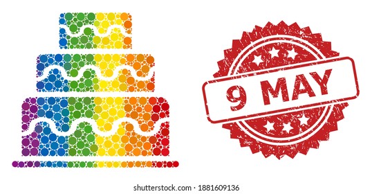 Cake collage icon of spheric blots in various sizes and LGBT colored color tints, and 9 May textured rosette seal. A dotted LGBT-colored Cake for lesbians, gays, transgenders, and bisexuals.