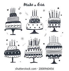 Colección de pasteles, tarjeta de cumpleaños en blanco y negro. Postre dulce de Doodle al estilo escandinavo. Ilustración vectorial dibujada por mano