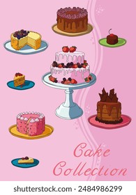 Cake collection. Set of cakes on a pink background. Isolated illustration. Cake day. Vector illustration.