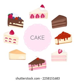 Cake collection. A slice of cake elements on white background. Hand-draw style. 