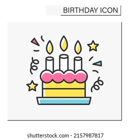 Cake color icon. Tasty birthday sweet cake with three candles.Party. Birthday concept. Isolated vector illustration