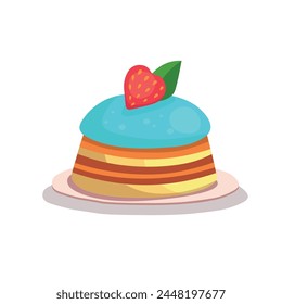Cake with colored layers, blue jelly on top and decorated with strawberries on a white background. Happy birthday illustration in cartoon style