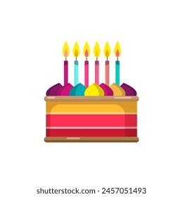 Cake with colorful candles isolated on white background, vector