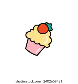 Cake of colorful food set. This cupcake illustration combines tasty cream with strawberry in clean outlines, making it a delicious choice for food-themed projects. Vector illustration.