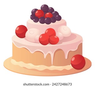 Pastel de conjunto colorido. A través de técnicas de arte expertas, esta obra de arte muestra un delicioso pastel con un diseño colorido, añadiendo un toque festivo al fondo blanco. Ilustración vectorial.