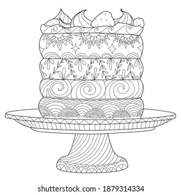 Cake coloring book for adults and children. Antistress coloring page zentangle style