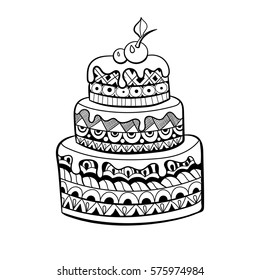 Cake for coloring book for adults. Zentangle style. Black and white illustration