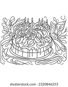 Cake coloring page. Birthday cake coloring page for kids and adults. mid content coloring page for amazon KDP. Coloring page of Cake