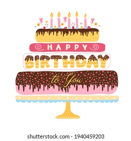 Cake composition. Happy birthday to you. Banner, comic letters with toppings and sprinkles. Candles and decor. Colorful vector hand-drawn illustration in simple cartoon style