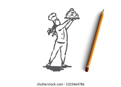 Cake, confectioner, cooking, girl, sweet concept. Hand drawn onfectioner girl prepared a cake concept sketch. Isolated vector illustration.