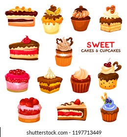 Cake and confectionery dessert icons and signs. Chocolate cupcake or muffin, cheesecake with fruits, topping or cream, berry and vanilla icing. Bakery shop or cafe menu pastry dishes and meals vector