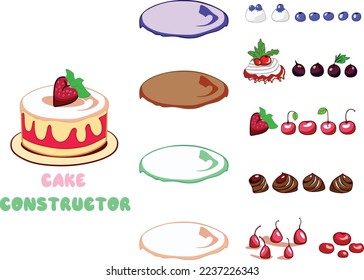 cake constructor sweet parts to create your cake. various flavors and colors of toppings and cream for the cake. various colored decorations, fruits and berries. topping for cake.