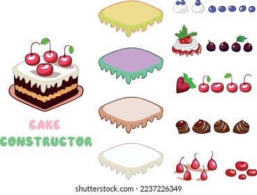 cake constructor sweet parts to create your cake. various flavors and colors of toppings and cream for the cake. various colored decorations, fruits and berries. topping for cake.