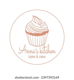 Cake And Cookies Logo. Baking logo design. Cupcake illustration  in trendy sketch linear style. Cupcake shop, Home Bakery.