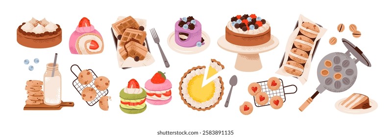 Cake, cookies, waffles, cupcakes, and pastries with chocolate and berry toppings. Homemade desserts. Flat vector illustration set.