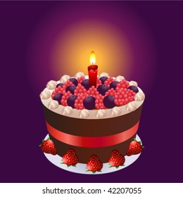 Cake covered with cherries, black berries and icing
