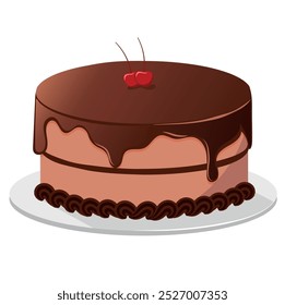 Pastel cubierto con chocolate con cereza en la ilustración superior. Vector de confitería. Panadería. Postre. Cumpleaños. Diseño de Logo Concept.