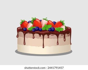 Cake covered with chocolate and decorated with strawberries and blueberries and mint leaves. Vector illustration of festive cake on white background.