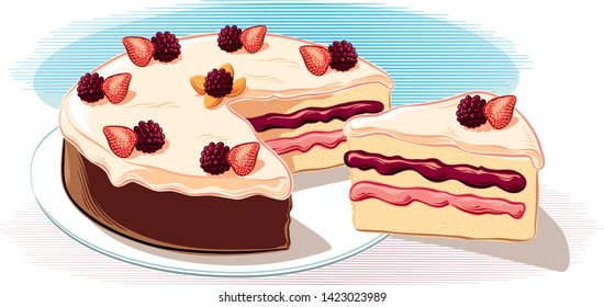 A cake covered with fruit cream, with strawberries and blackberries on a white background, in vector.