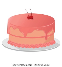 Cake Covered Up with Strawberry Cream with Cherry on Top Illustration. Confectionery Vector. Logo Concept Design. Bakery. Dessert. Birthday.