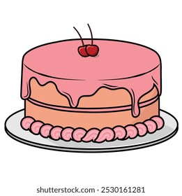 Cake Covered Up with Strawberry Cream with Cherry on Top Drawing. Confectionery Illustration Vector. Bakery. Dessert. Birthday. Logo Concept Design.