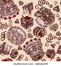 Cake cream bakery sweet chokolate heart vintage random seamless pattern hand drawn vector