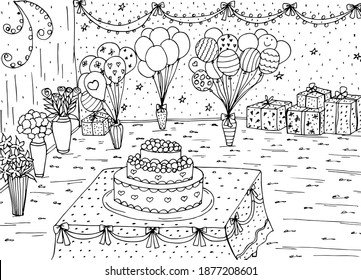 Cake with cream and berries in the festive living room and balloons. page of the coloring book. Sketch for decoration, design, postcard, magazine page, print.