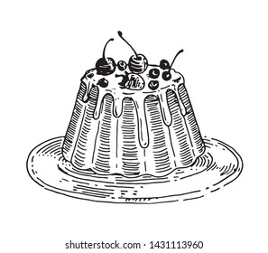 Cake with cream and berries on a plate. Template for menu design, restaurants and catering. Hand-drawn images