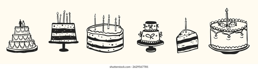 Cake Cream birthday wedding doodle hand drawn whimsical style collection. Candles, bow, ribbon romantic pastry bakery collection sketches.