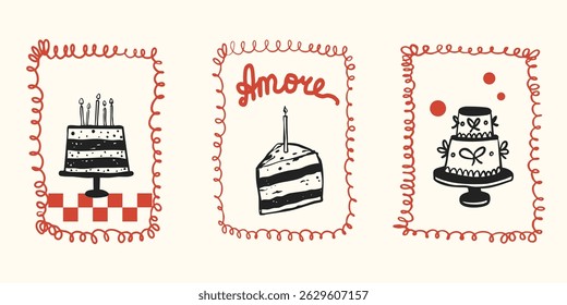 Cake Cream birthday wedding doodle hand drawn whimsical style collection poster set. Candles, bow, ribbon romantic pastry bakery collection sketches.