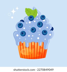 Cake with cream and blueberries and mint. Decoration for postcards, holiday posters. Appetizing cupcake. Vector illustration