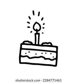 Cake with cream and candle. Isolated vector image. A piece of layered party cake with cream decorations. Drawing of black lines.