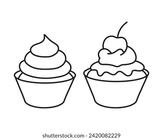 Cake with cream, cherry. Cupcake. Dessert. Black and white vector illustration, icon, coloring page.