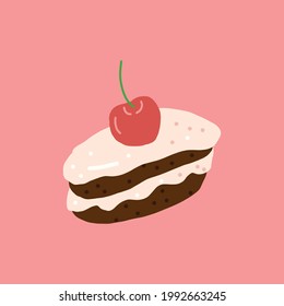 pastel con estilo de mano de crema y cereza, vector. comida, dulces, postre, carta, pegatina.