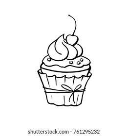 Cake with cream and cherry. Illustration isolated on white. Sketch for your design.