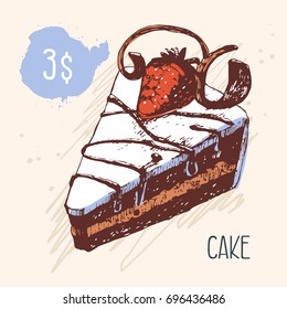 Cake with a cream, a chocolate and strawberry. Vector illustration in retro style.