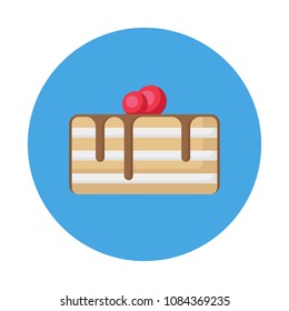 cake with cream flat icon with long shadow isolated on blue background. Simple cake in flat style, vector illustration for web and mobile design. Bakery vector sign symbol.