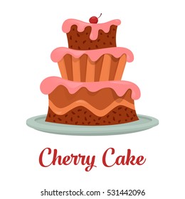 Cake with cream food, bakery or dessert logo. Isolated cartoon pastry with chocolate and icing, cherry or strawberry standing on top. Birthday or anniversary, party or celebration, bakery theme