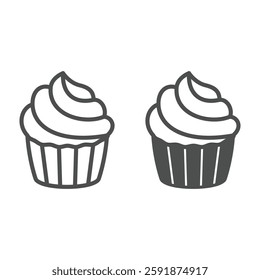 Cake with cream line and solid icon, sweets pastry concept. Vector graphics. Sweet cream cupcake, bakery sign on white background, outline style icon for mobile or web design
