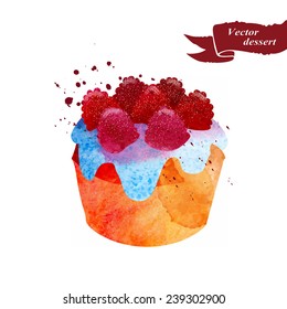 Cake with cream and raspberry. Vector illustration.