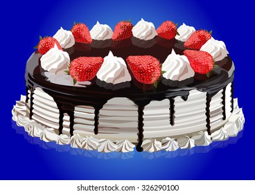 Cake with cream, strawberries and chocolate, vector illustration